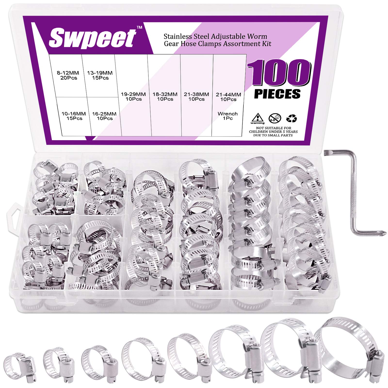 Swpeet 100Pcs 8-44mm Adjustable Range Assorted Sizes Assortment Hose Clamps Kit, 100% 304 Stainless Steel Adjustable Range Worm Gear Hose Clamp Perfect for Plumbing, Automotive