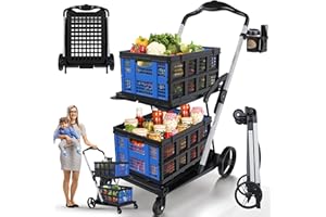 MODERN EAZE ModernEaze 9in1 Folding Shopping Cart with Wheels, Two Tier Shopping Trolley with 2 x Crate Baskets, 198lbs Cap, Cup/Phone Attachment - Personal Multi-Functional Collapsible Cart for Groceries Laundry