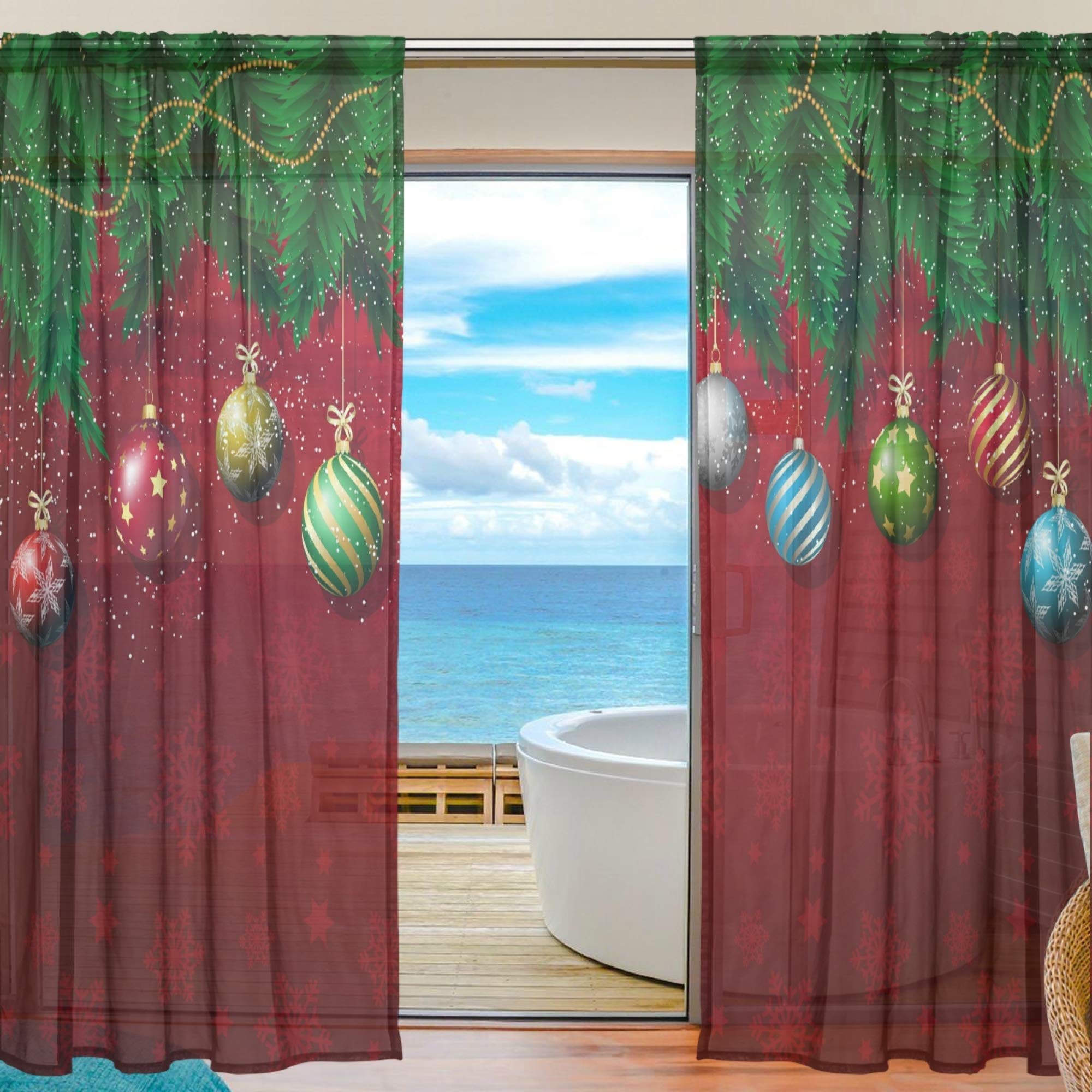 ALAZA Sheer Voile Curtains, Christmas Snowflakes And Bells Polyester Fabric Window Net Curtain for Bedroom Living Room Home Decoration, 2 Panels, 84 x 55 inch