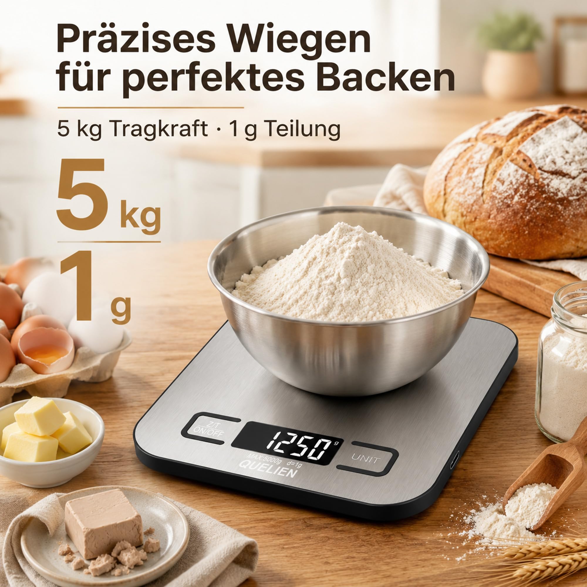 Digitale Küchenwaage Aus Edelstahl, USB-Aufladbar, 5 kg/1 g Präzision, 6 Einheiten, Tara-Funktion, LCD-Display – Ideal Für Kochen, Backen Und Große Mengen 5