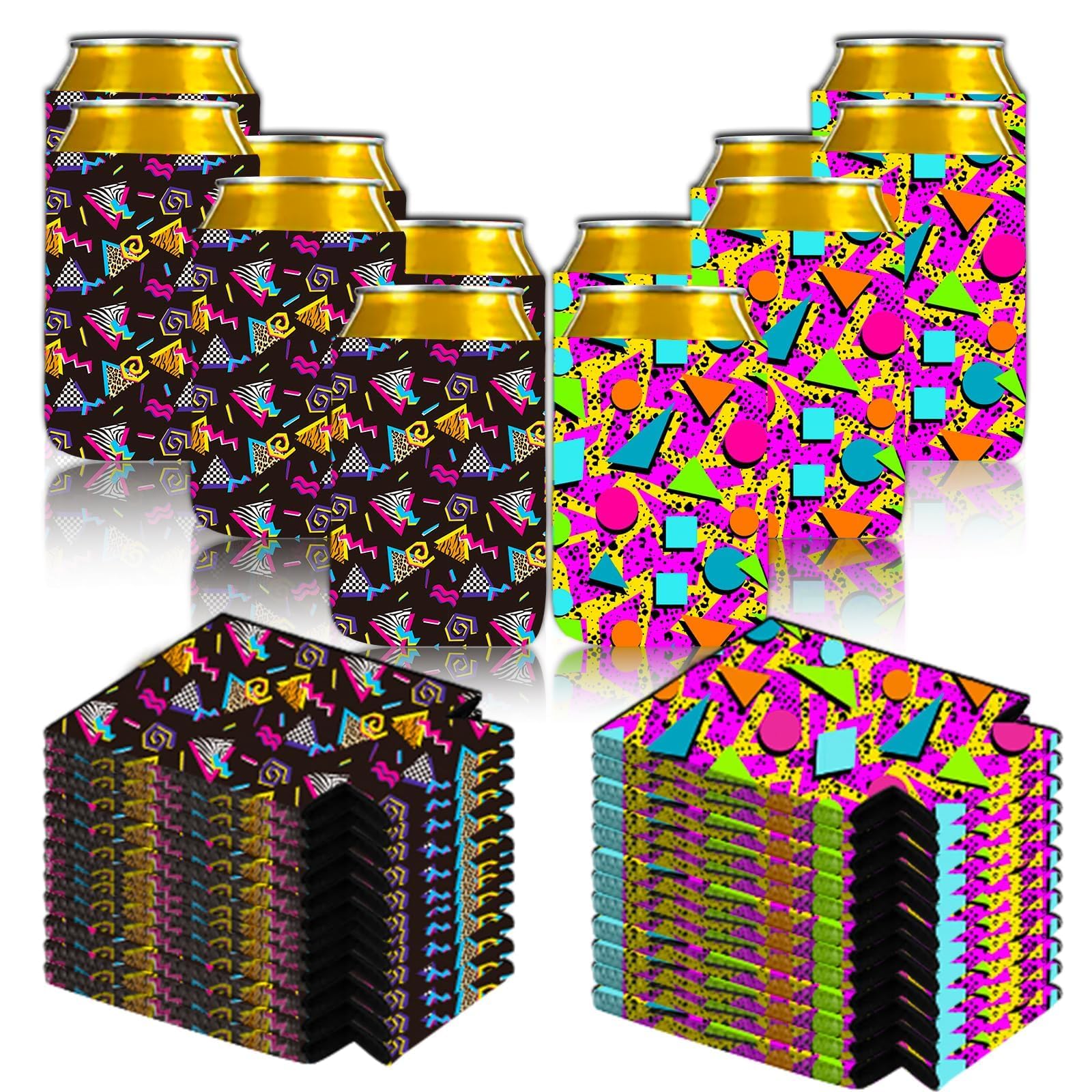 Photo 1 of 24-Piece Retro 80s 90s Vintage Can Cooler Sleeves - Memphis Fashion Neon Bottle & Can Sleeves - Party Supplies