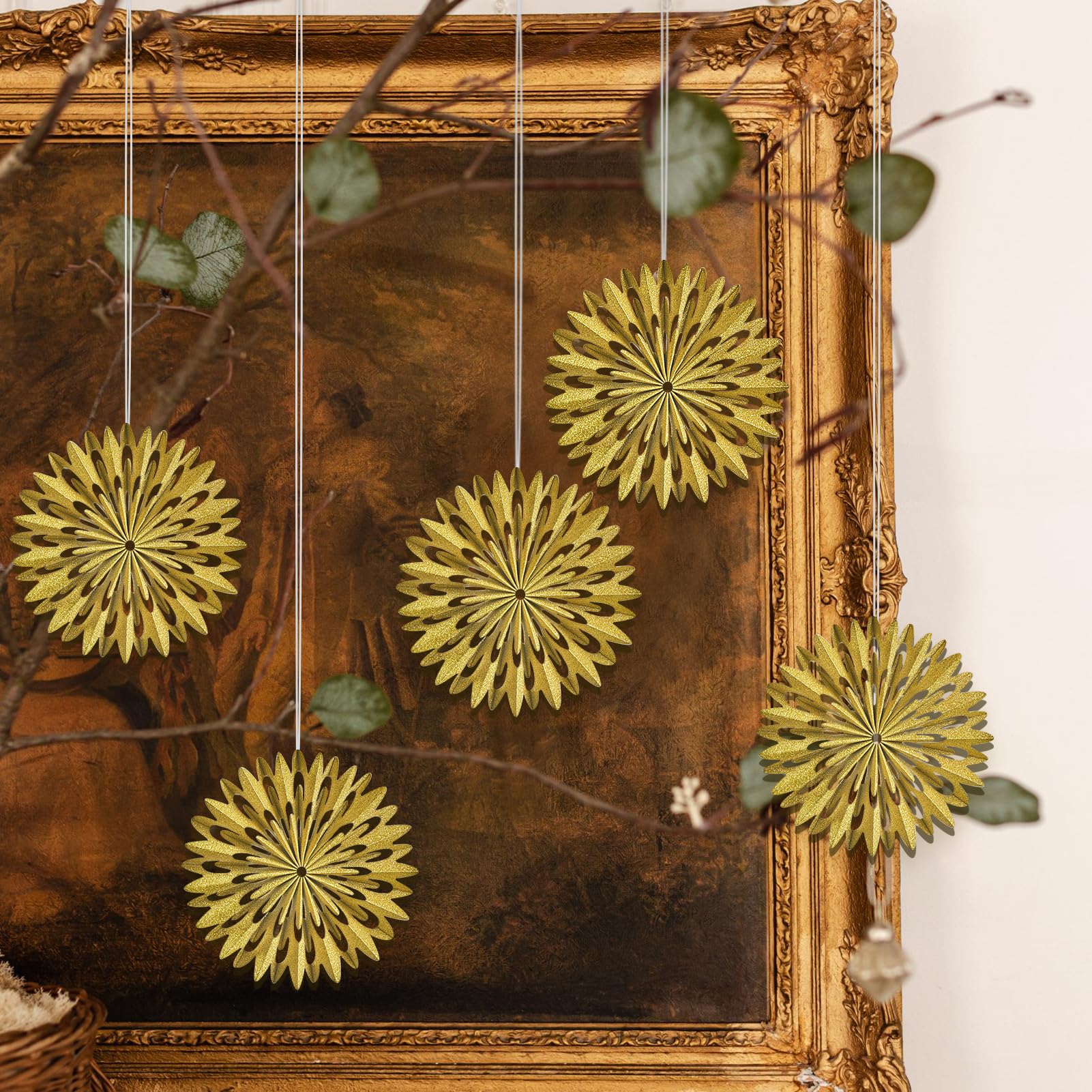 Photo 1 of 9PCS Mini Christmas Paper Fans Decorations Gold Glitter Paper Hanging Snowflake Ornament for Christmas Tree Boho Paper Hanging Paper Decorations for Holiday Christmas Indoor Home Decor