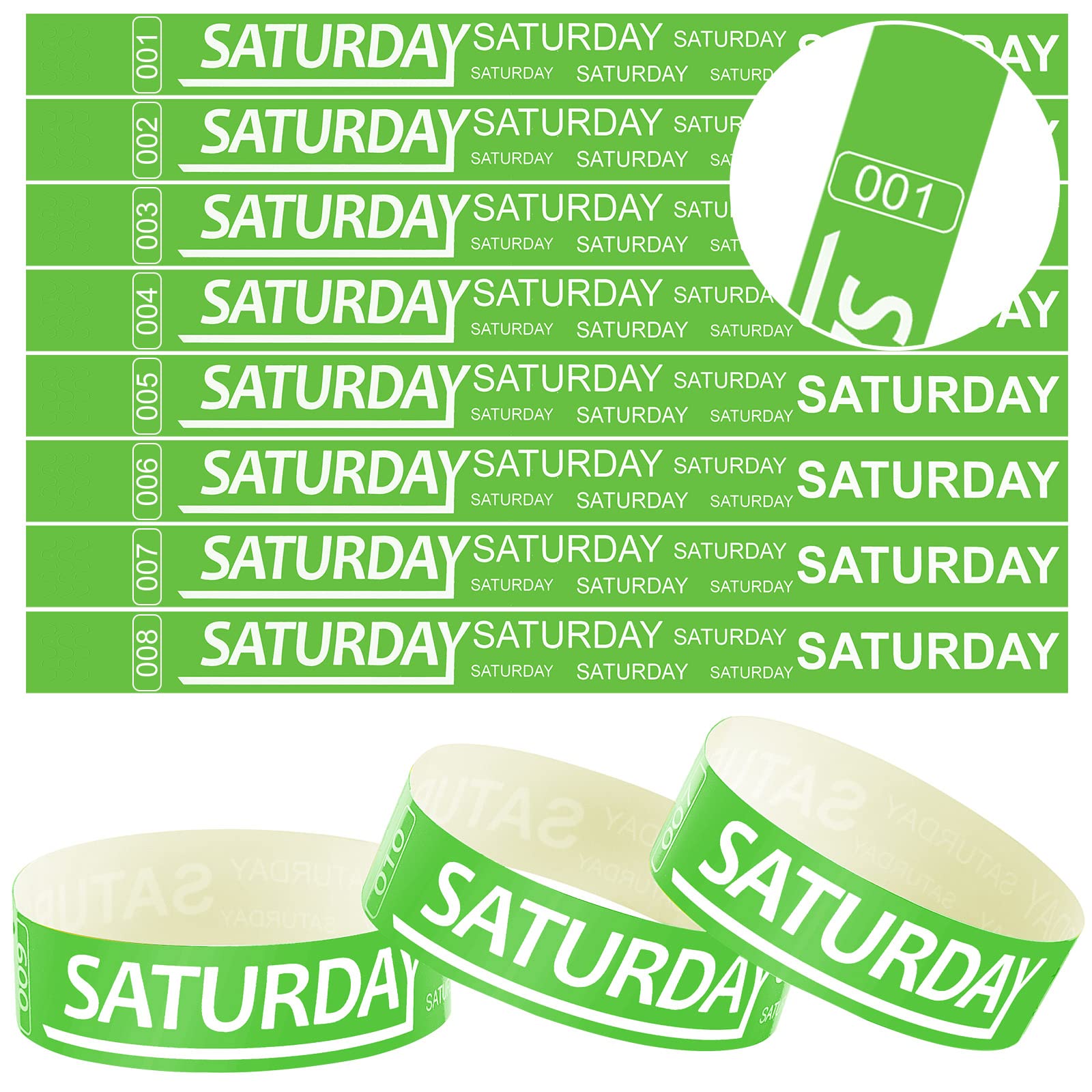 Photo 1 of Henoyso 600 Pcs Saturday Paper Wristbands Event Admission Paper Bracelets Numbered Waterproof Party Armbands for Events Day of The Week(Green)