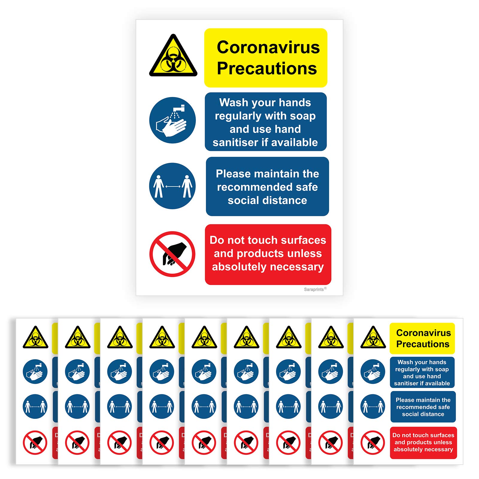 Pack of 10 Safety Signs and Stickers 150mm x 200mm Self Adhesive Signs for Social Distancing V1085
