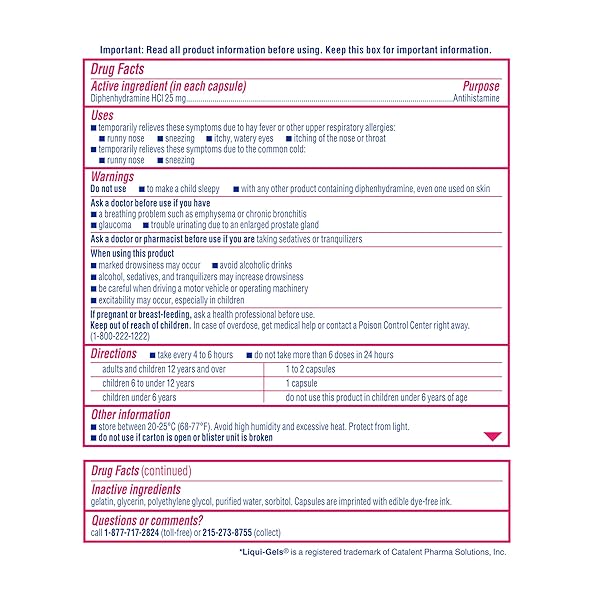 BENADRYL LIQUI-GELS ALLERGY MEDICINE, DYE-FREE LIQUID GEL CAPSULES WITH 25 MG OF DIPHENHYDRAMINE HCL ANTIHISTAMINE FOR RELIEF OF ALLERGY & COLD SYMPTOMS LIKE RUNNY NOSE & SNEEZING, 24 CT
