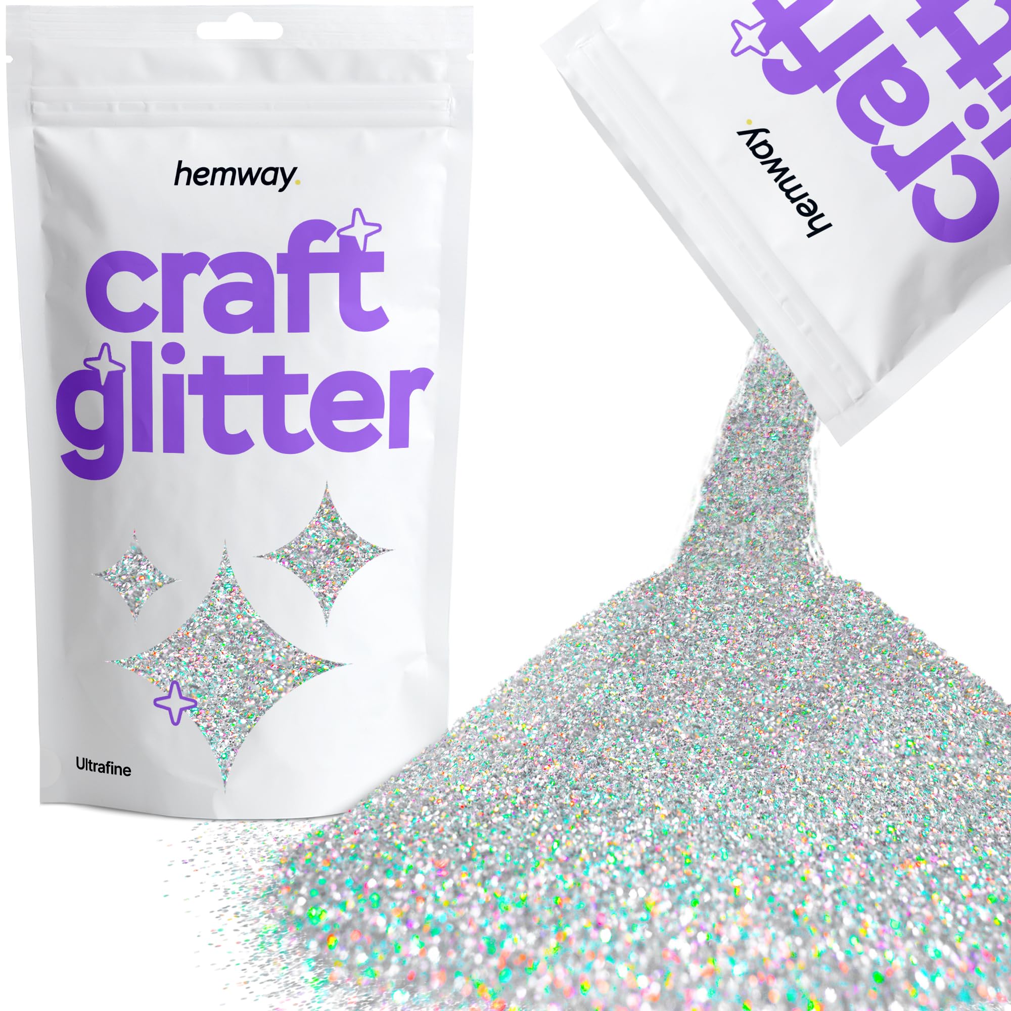 Hemway Craft Glitter Silver Holographic 100g Ultrafine Glitter for Crafts, Resin, Cosmetic, Nail, Face, Body, Festival, Tumblers, Art, Candle, Crafting