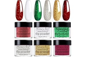 Honey Joy Dip Powder Set, 6 Colors Christmas Red White Green Golden Silver Glitter Fine Dipping Powder Colors No Need Lamp Cure,Like Gel Polish Effect,Even & Smooth Finishing (DP-Q-6pcs-10g/box)