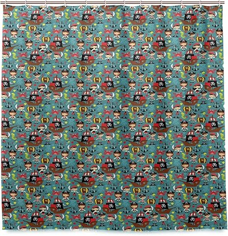 Amazon Ninehasa シャワーカーテン 防水 ポリエステル 風呂カーテン 浴室 おしゃれ かわいい レトロアドベンチャーキッズおとぎ話陽気な漫画のキャラクターの海賊のイラスト 取付簡単 浴室 間仕切り カーテンリング付属 シャワーカーテン ホーム キッチン オンライン通販