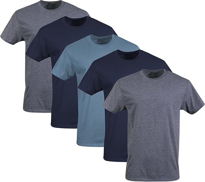 Gildan Men's Crew TShirts, Multipack, Navy/Heather Navy/Indigo Blue (5