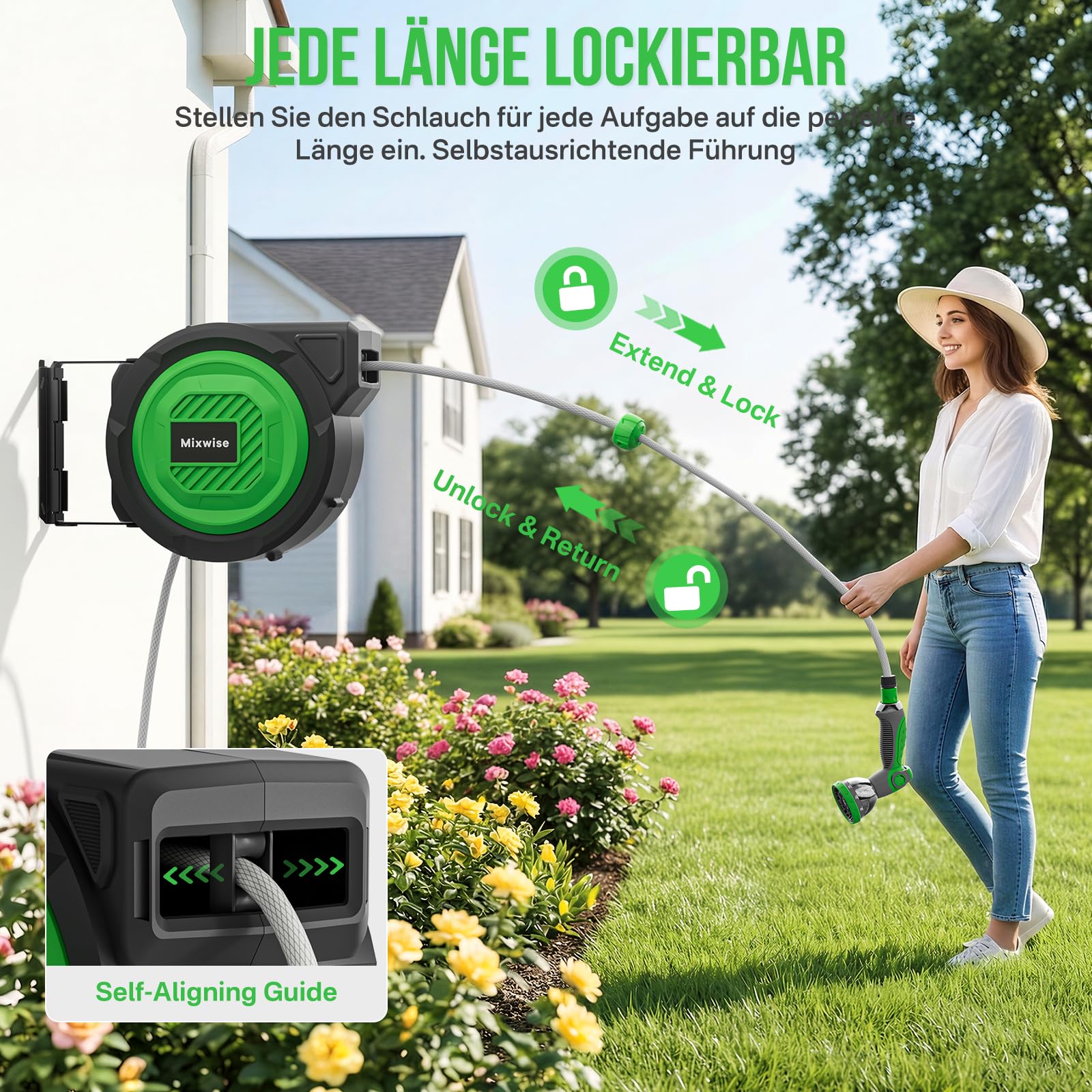 Schlauchtrommel Gartenschlauch Trommel mit 180° Schwenkbarer,Wand-Schlauchbox 10-fach Verstellbarer Düse, Automatischem Rückzugssystem und Arretierung in Jeder Länge für Garten 4