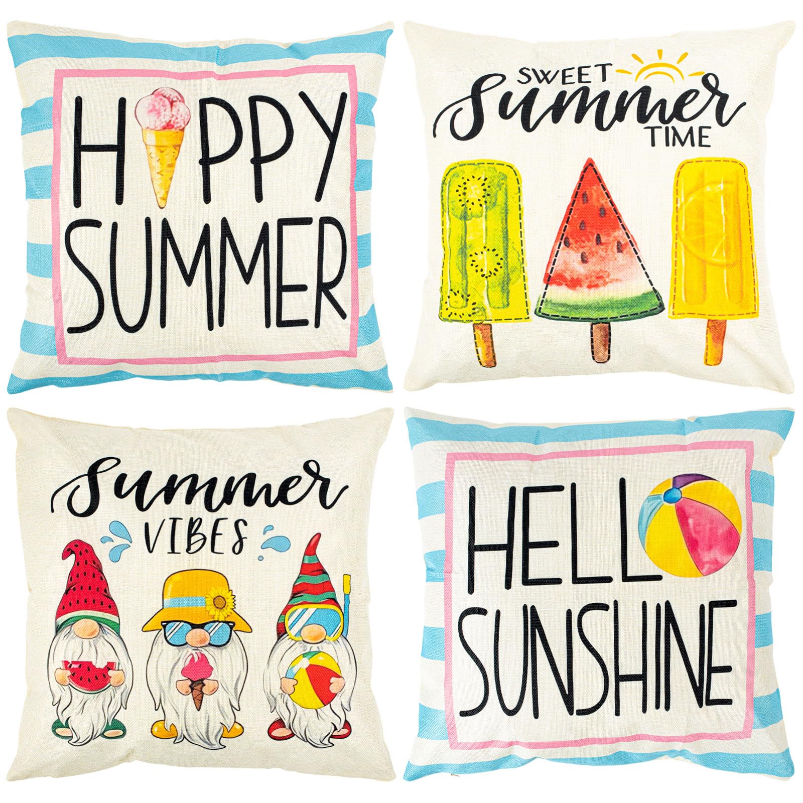 Boho Cushion Covers 45 x 45 Set of 4, Waterproof Garden Cushions Covers Summer Linen Pillow Covers, Patio Furniture Outdoor Seat Cushions Covers for Garden Furniture, Patio Chair, Bench, Floor, Sofa