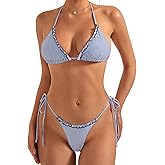 SUUKSESS Women Ruffle Thong Bikini Sets Halter String Triangle 2 Piece Swimsuit