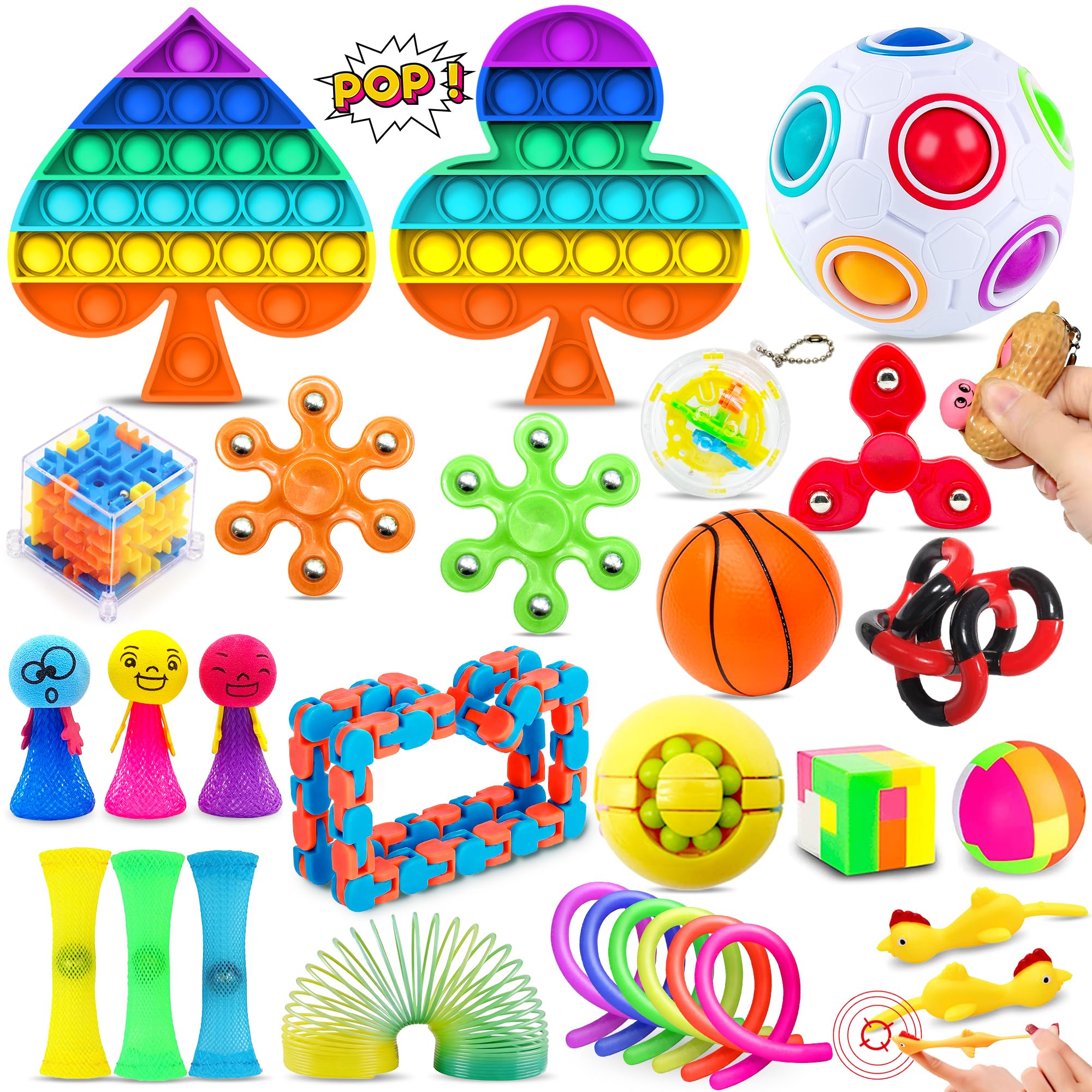 Chennyfun Rainbow Fidget Toy Set, 30Pcs Sensory Toys for Autism ADHD, Stress Reliever with Toy Box Push-It Toy, Magic Bean Rotating Cube, Stress Ball Anti-anxiety Birthday Gift for Teen Children Adult