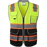 JKSafety 9 Pockets Class 2 Hi-Vis Safety Vest High Visibility Reflecitive Mesh Safety Vests for Men and Women Cushioned Collar Work Utility PPE Work Gear ANSI/ISEA compliant (101-YBlack XL)