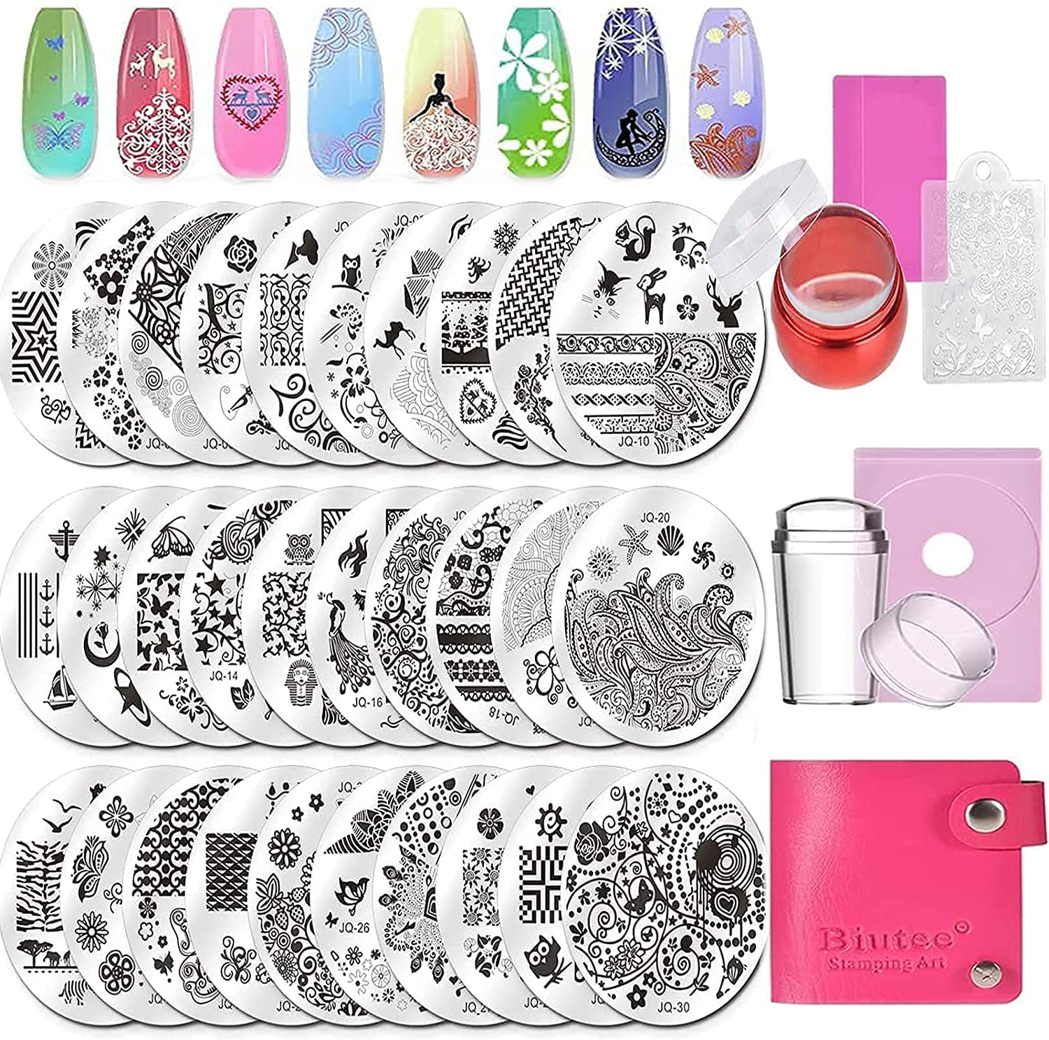 Biutee Nail Stamp Kit,30 PCS Round Stamp Plates Kit,Geometric Patterns Template for Salon Designs Nail Image Stamp Plates Manicure Templates Nail Art Tools (30)