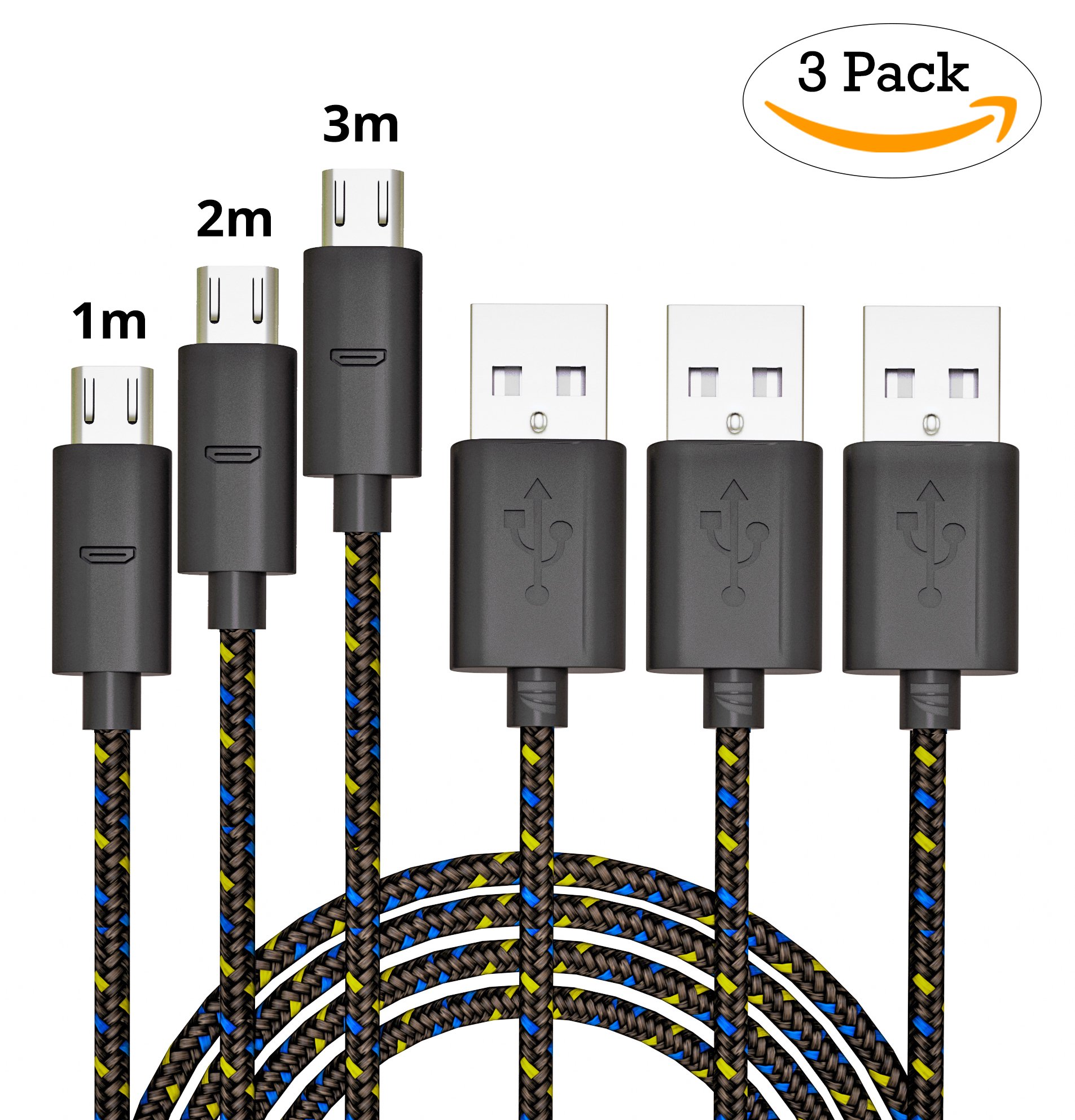 [Lot de 3] Câble Micro USB Tressé, Chargeur Samsung 1m+2m+3m, Cordon en Nylon Tressé, Bazar Express Câble Chargeur USB Micro USB, Charge Rapide pour Samgung Galaxy, HTC, Sony, Huawei, Nexus, Asus (Noir)