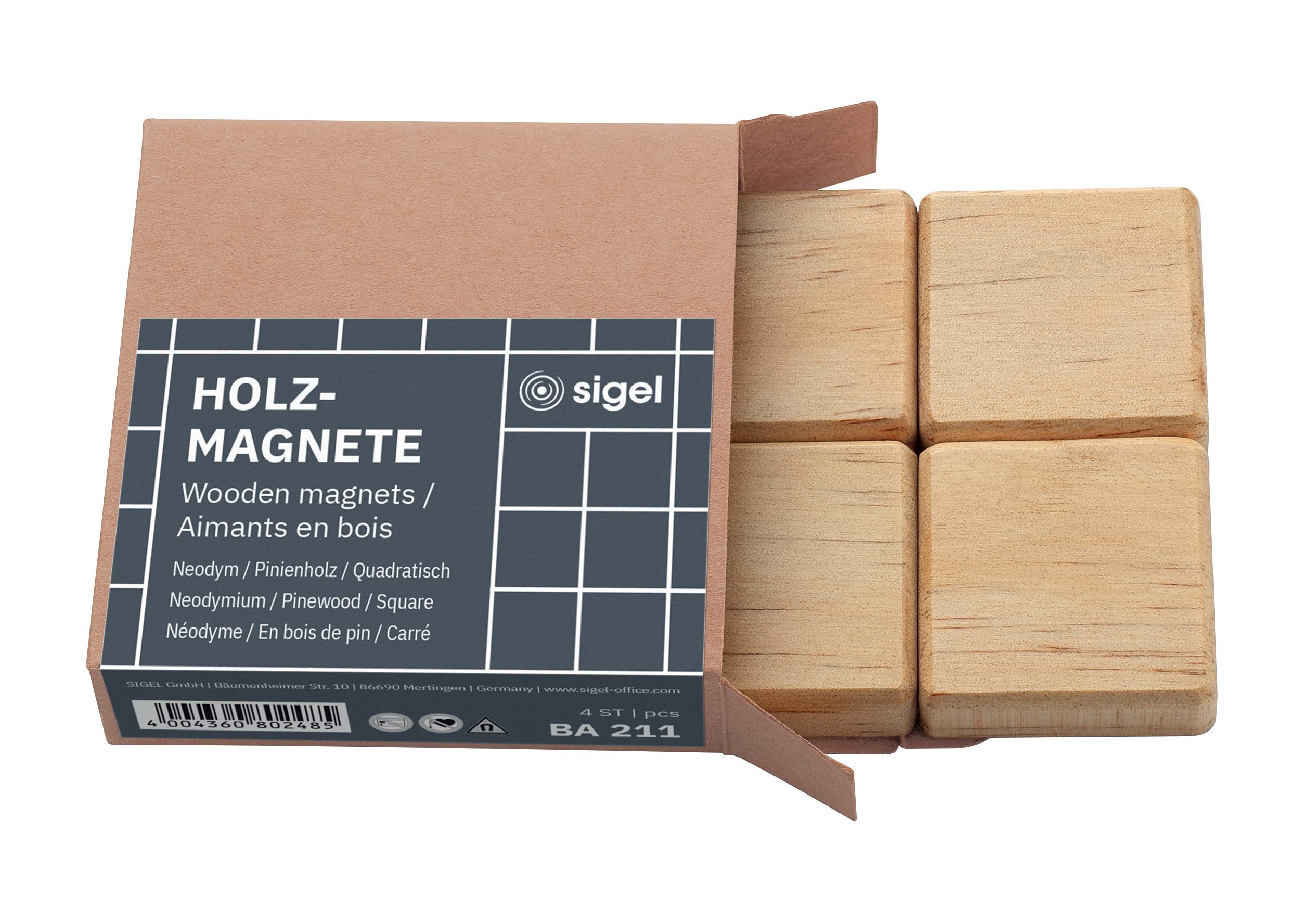 SIGEL BA211 Set of 4 powerful magnets, in wood, square, neodymium N42, 3.3 x 3.3 cm, Beige