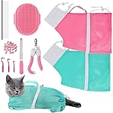 JULMELON Cat Washing Bag 10 PCS Set, Adjustable Cat Shower Net Bag and Pet Grooming Brush with Nail Clipper Nail File Hair Co