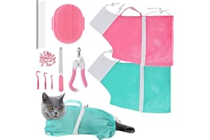 JULMELON Cat Washing Bag 10 PCS Set, Adjustable Cat Shower Net Bag and Pet Grooming Brush with Nail Clipper Nail File Hair Combs Tick Tool Nail Caps for Bathing Nail Trimming Examination(Pink+Green)