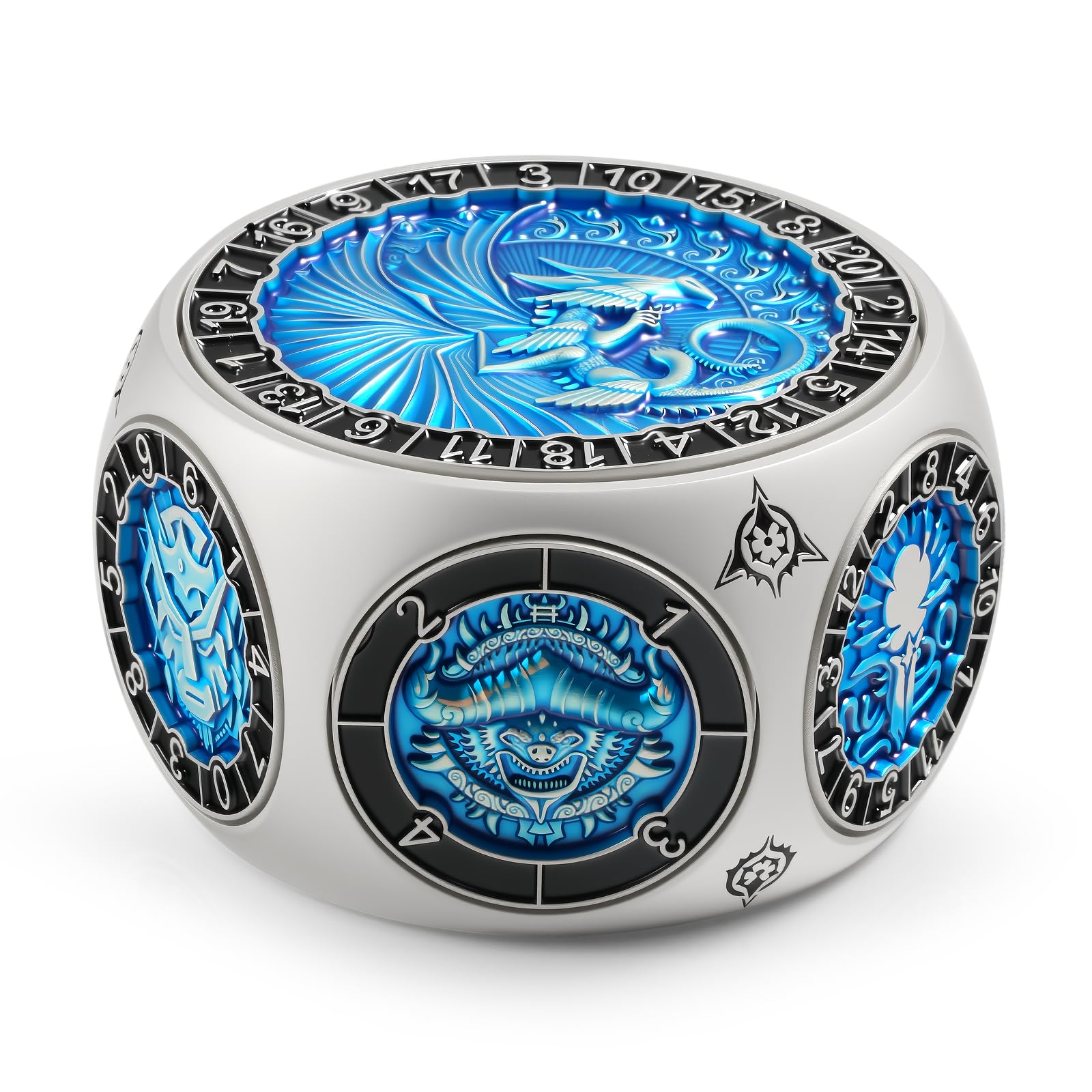 DNDND Unique Hexagonal Spinner Metal Dice, 8-in-1 DND Dice with Dual D20 Monster Themed Dice Set for DND Dungeons and Dragons, Dungeon Masters with Collectible Gift Tin (Silver with Blue)