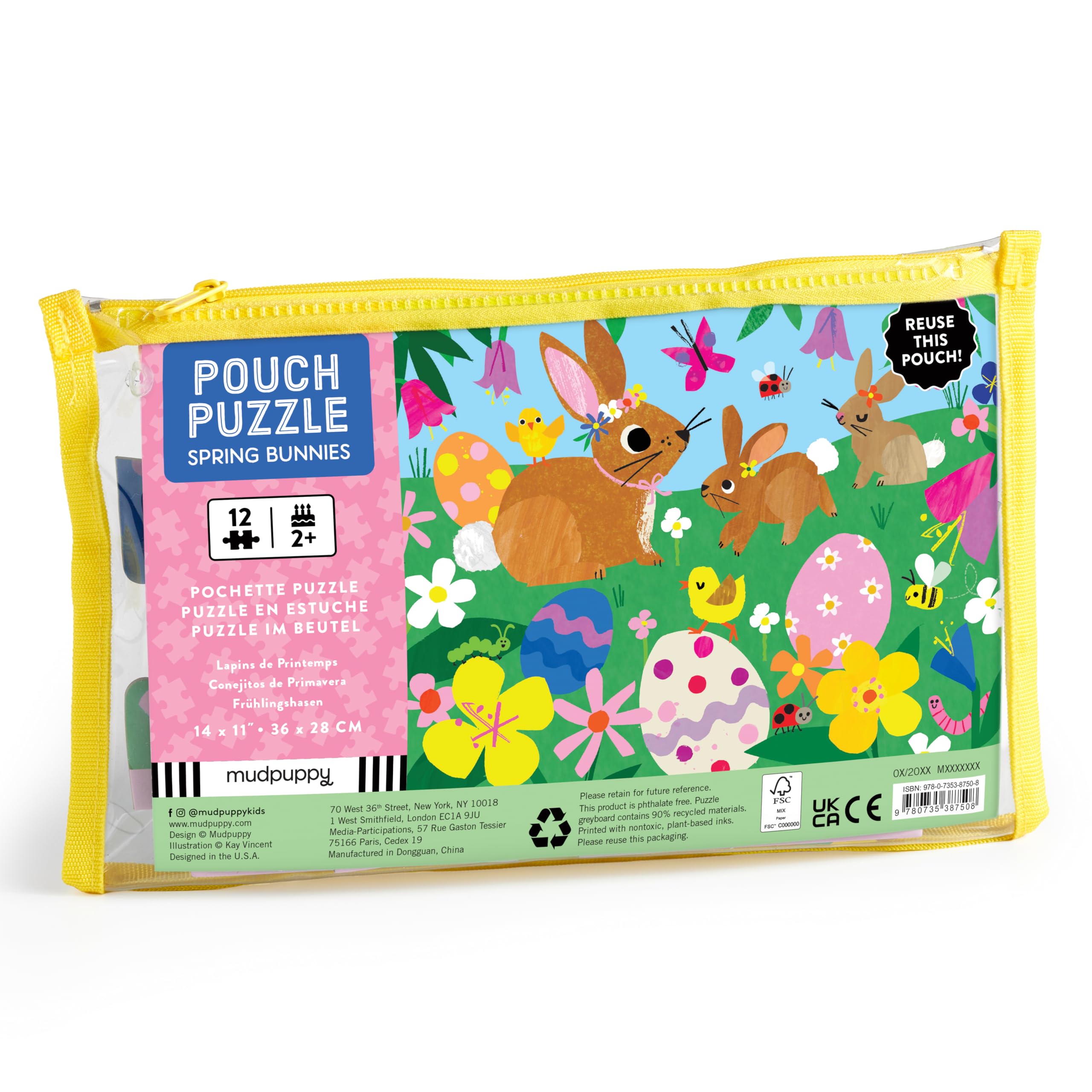 Mudpuppy Spring Bunnies – 12 Piece Puzzle with Reusable Zipper Pouch Featuring Colorful and Fun Illustrations of Spring Bunnies Perfect for Easy Storage and Travel