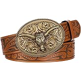 UpFind Western Leather Belt with Antique Gold Longhorn Buckle Vintage Engraved Cowgirl Cowboy Rodeo Belt for Women Men Jeans