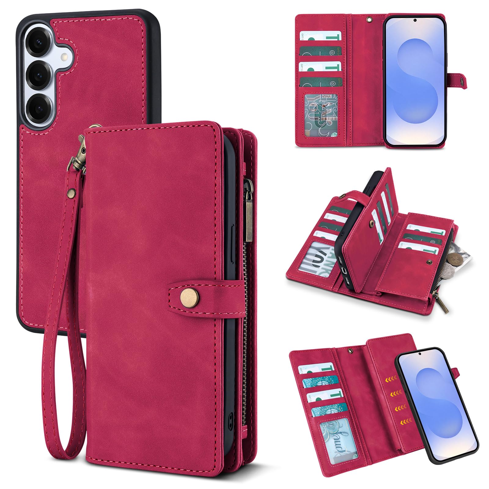 TwoHead for Samsung Galaxy S25 Wallet Case with Card Holder, Detachable Magnetic Phone Case for S25,PU Leather All-Round Protective Phone Case Wallet with Wrist Strap(6.2 in,Wine Red)