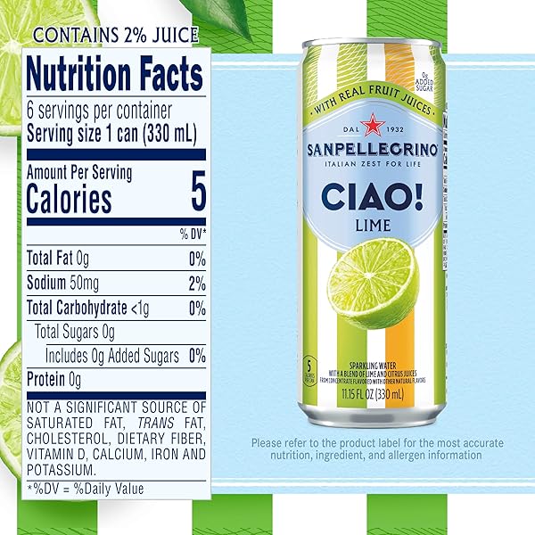 SANPELLEGRINO CIAO! LIME SPARKLING WATER, LOWCAL, 0G ADDED SUGAR, 6PACK