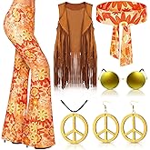 Haull 7 Pcs 60s 70s Disco Hippie Outfits for Women Halloween Costume Set Boho Flared Pants Fringe Vest Peace Sign