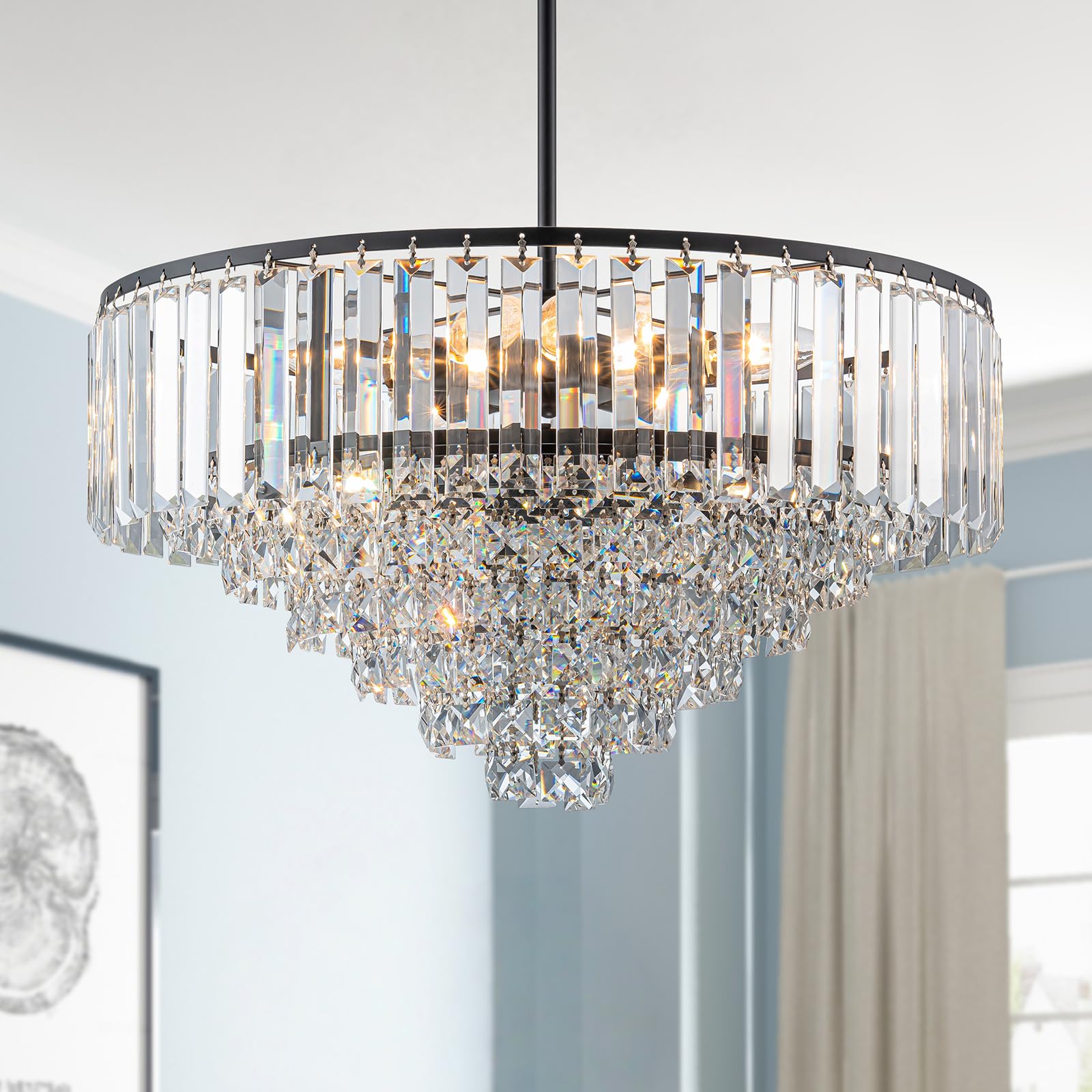 Photo 1 of 20" Large Black Crystal Chandeliers for Dining Room, 5-Light Modern Black Dining Room Chandelier Light Fixtures over Table, 7-Tier Round Elegant Bathroom Chandeliers for Entryway Bedroom Living Room