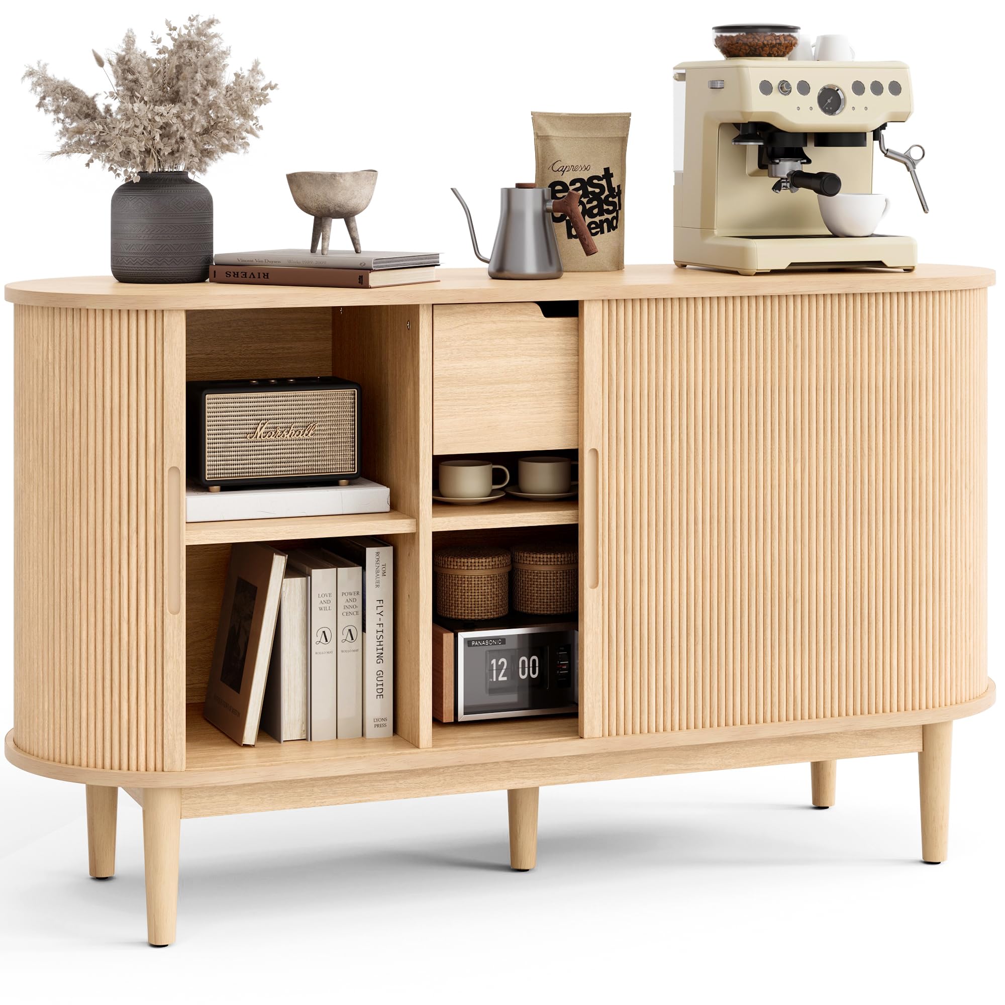 Photo 1 of **USED**
LINSY HOME Sideboard Buffet Cabinet with Storage, 55" Fluted Coffee Bar Cabinet with Tambour Sliding Doors and Drawer, Mid Century Modern Wood Storage Buffet Table for Kitchen, Living Room, Oak PERFECT ITEM, SECURITY TAPE, STILL ON, NEVER TAKEN O
