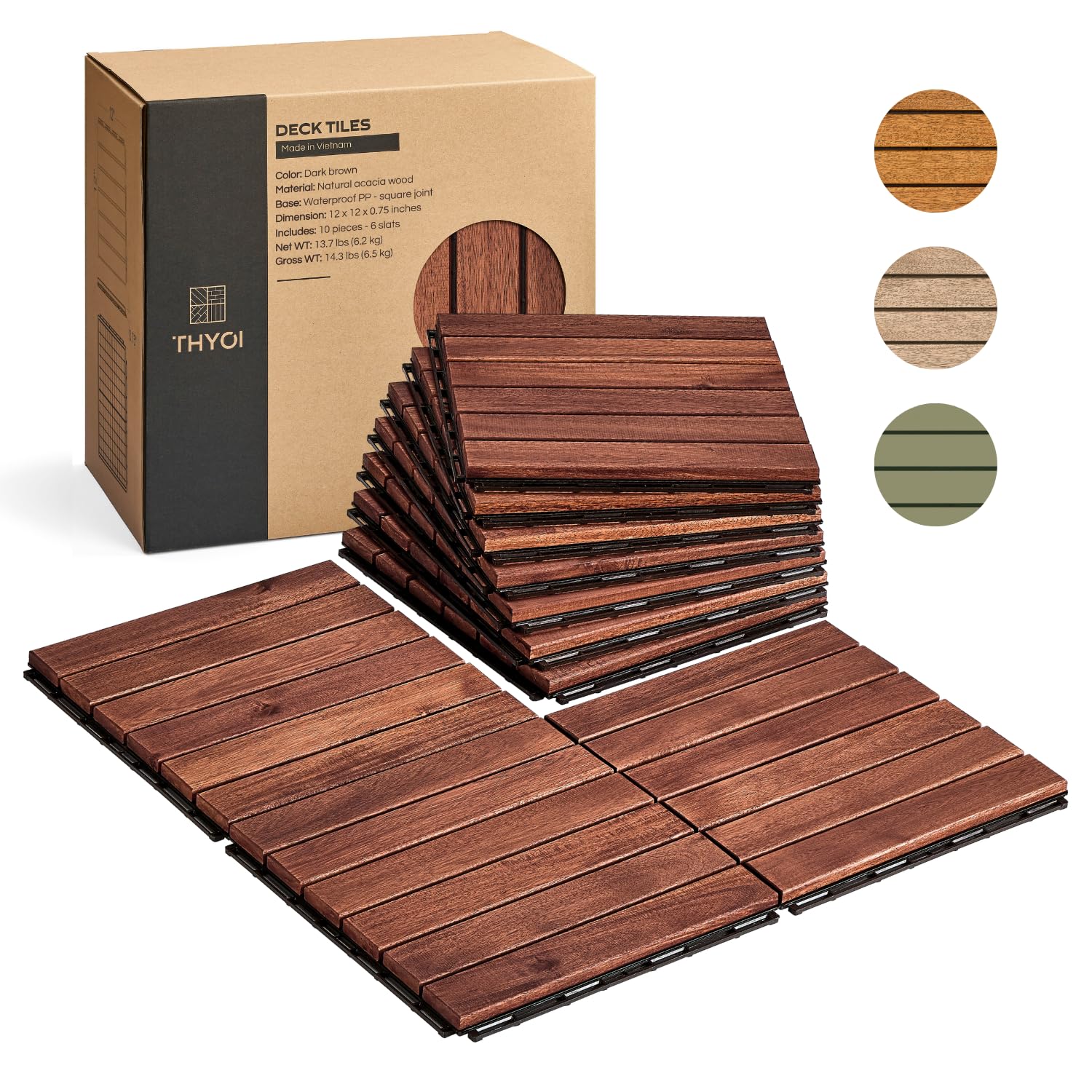 Photo 1 of THYOI Deck Tiles, Patio Flooring - Outdoor Waterproof Acacia Wood Tiles for All Weather Use - Balcony, Backyard, Indoor & Outdoor (Dark Brown Striped Pattern, 10 Pcs - 10 Square Ft)
