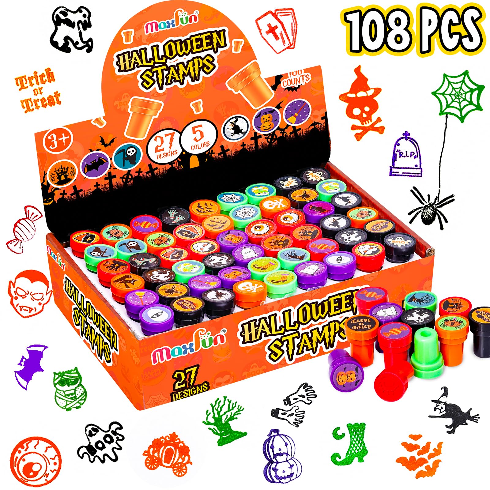 Max Fun 108Pcs Halloween Assorted Stamps ( 27 Designs, 5 Colors Trick or Treat Stamps ) for Kids Halloween Party Favors Supplies, Goodies Bags, Classroom Game Reward Prizes (Halloween Stamper)