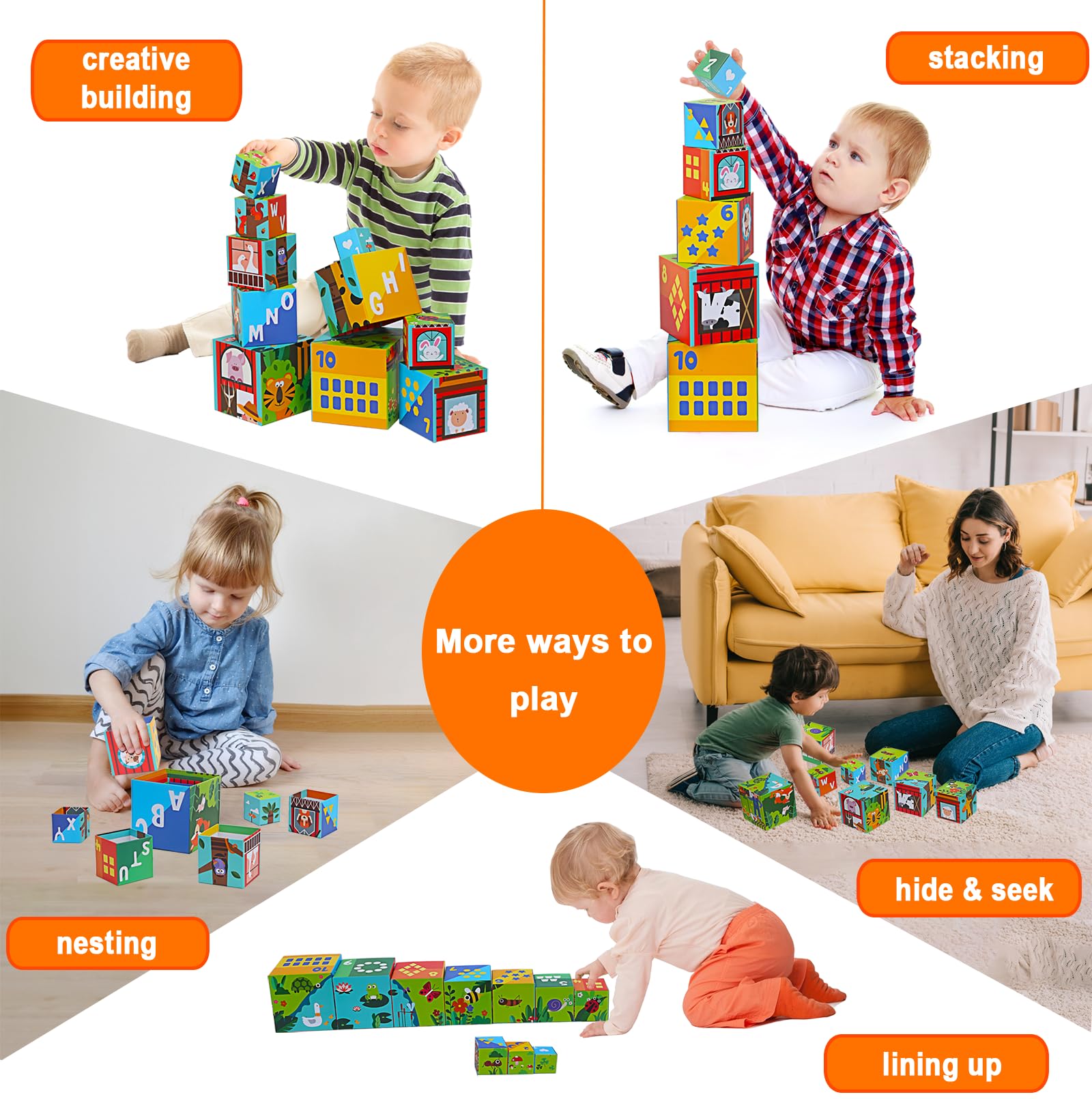 Animal Sorting and Stacking Blocks - Educational ABC & Numbers Toy for Babies and Toddlers - Montessori Learning Tower -10 Nesting Cubes Building Set - Ideal Present for Boys & Girls