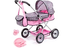 Bayer - Dolls Pram Smarty Grey Pink Dots - Baby Stroller for Dolls with Bag, Plastic Accessories - Dolls Up to 18” - Age 3+ -