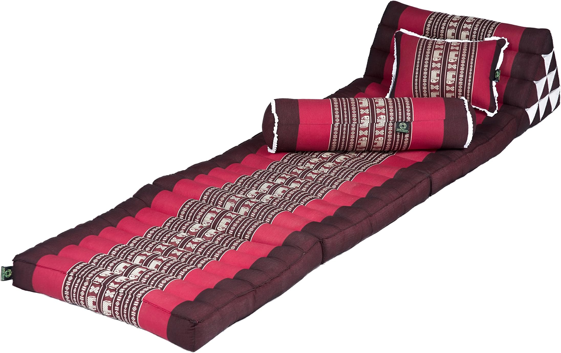 Kapok Dreams Triangle Mat Set: 3-fold Triangular Mat 67โx20โ + Pillow + Bolster, 100% Kapok-Stuffing, Red Elephant Design, Firm & Durable Floor Cushions Pads