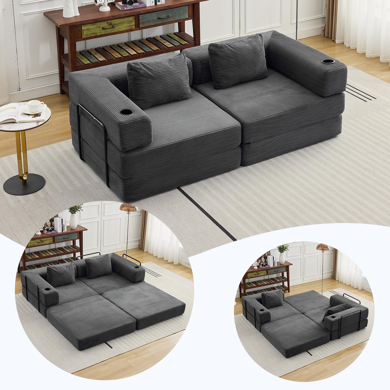 78" W Loveseat Sofa, 4 in 1 Convertible Floor Sofa