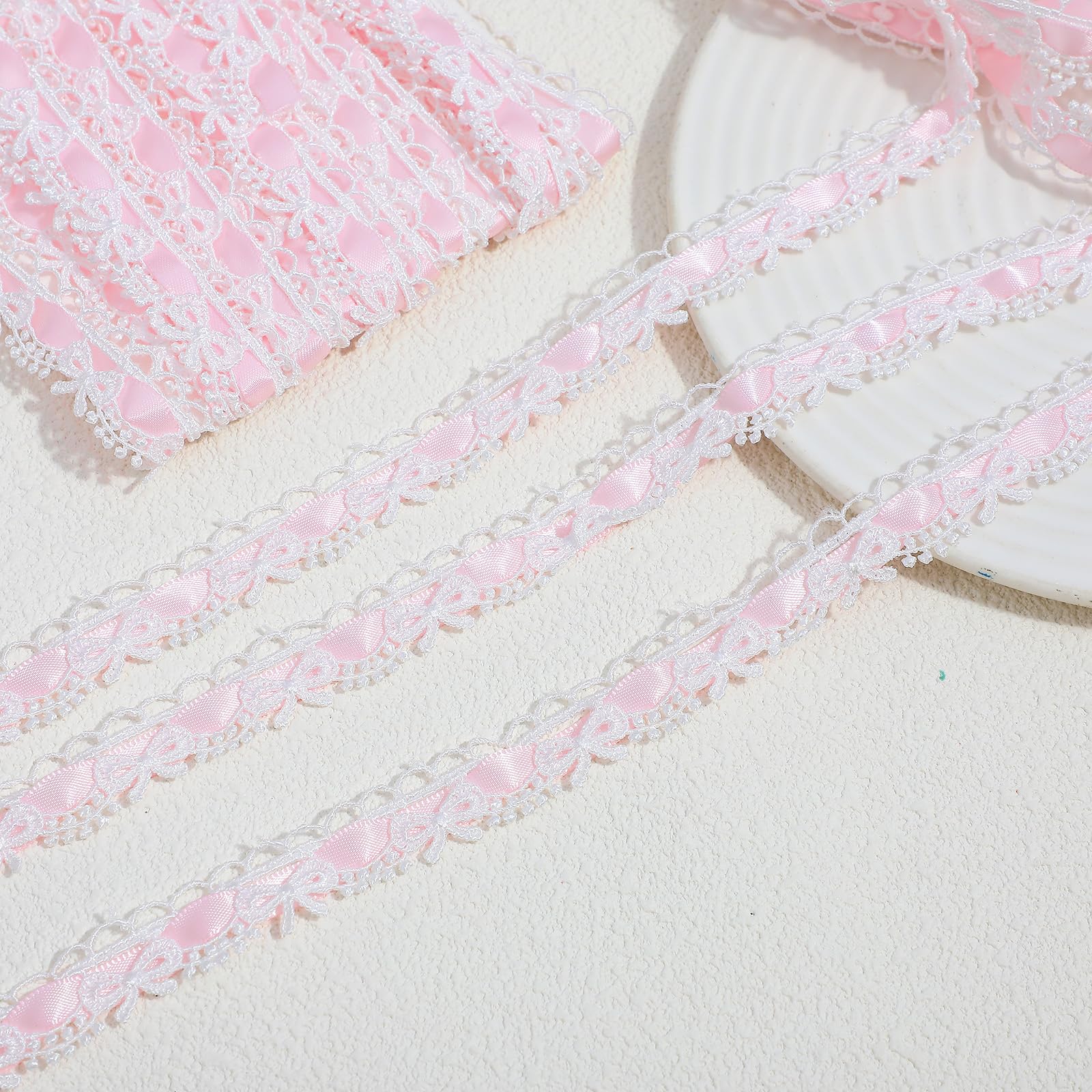 Photo 1 of 10 Yards Pink Lace Ribbon White Bow Lace Trim, Sewing Laces Ruffle Trim Ribbon Roll for DIY Craft Making Scrapbooking Gift Wrapping Wedding Party Decorations Bridal Clothes Valentine's Day Christmas