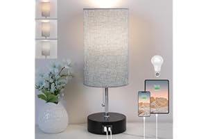 ROTTOGOON 3-Color Temperature Bedside Lamp Nightstand Lamp with USB A Port and C Port, Table Lamp for Bedroom with LED Bulb Small Lamps for Living Room (Gray)