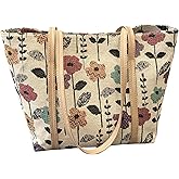 WXQCJL Embroidered Canvas Tote Bag for Women - Large Reusable Floral Tote with Zipper for Gym, Travel, Work & Grocery