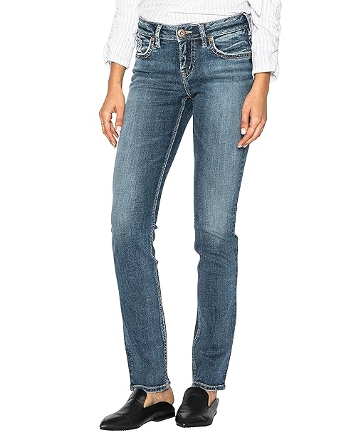 Silver Jeans Co. Women's Suki Mid Rise Curvy Fit Straight Leg Jeans, Medium Sandblast, 36W x 32L