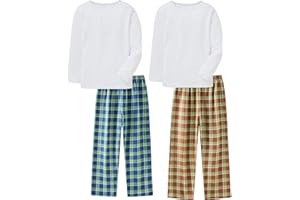 Boys Pajamas 4-Piece Set Kids Clothes Stretch Ribbed Cotton Sleepwear White Top Checkered Pants Nightwear 3-12 Years