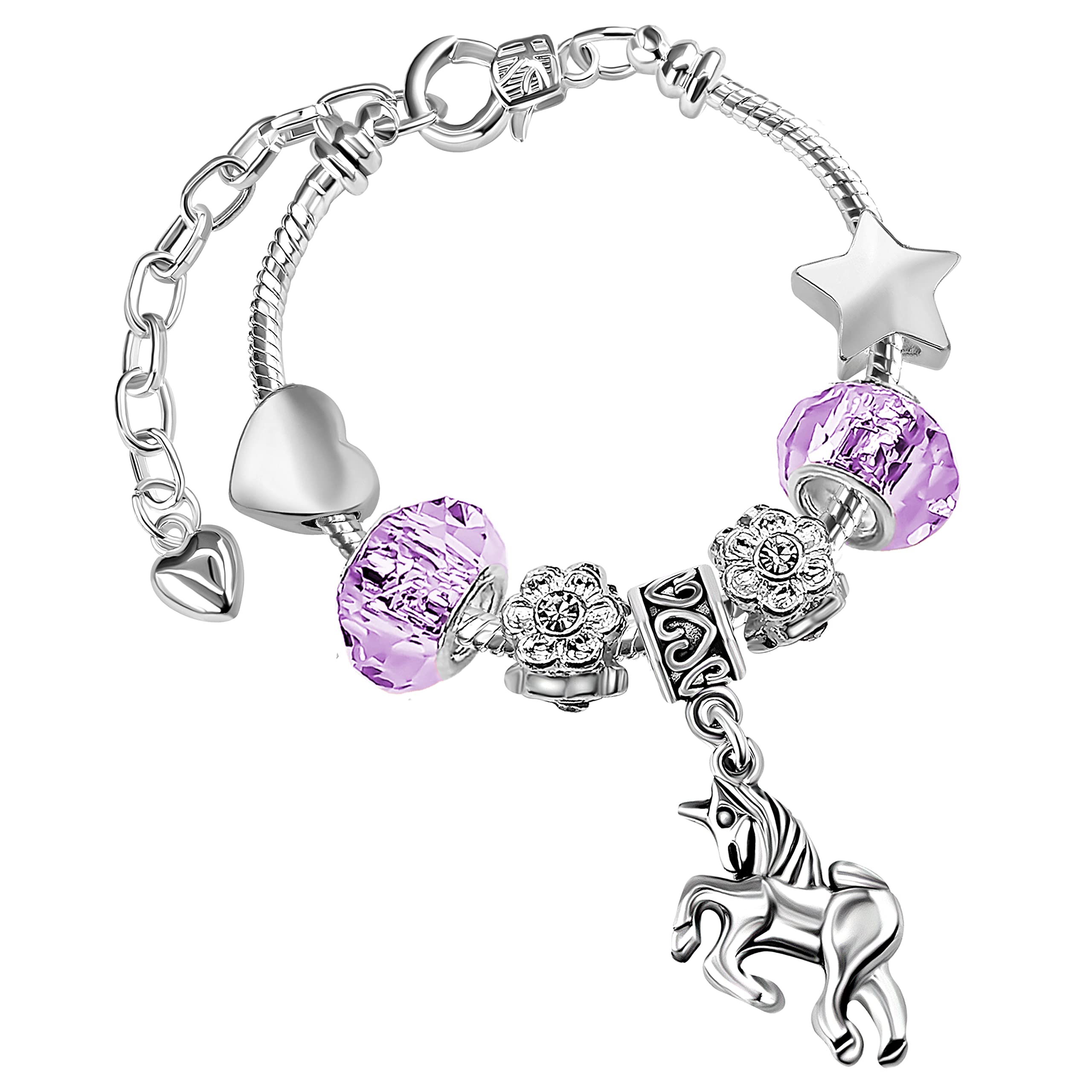 Girls Unicorn Charm Bracelet – Sparkly Lilac Crystal Adjustable Silver Bracelet with Gift Box – Birthday Gifts for Girls 5–12