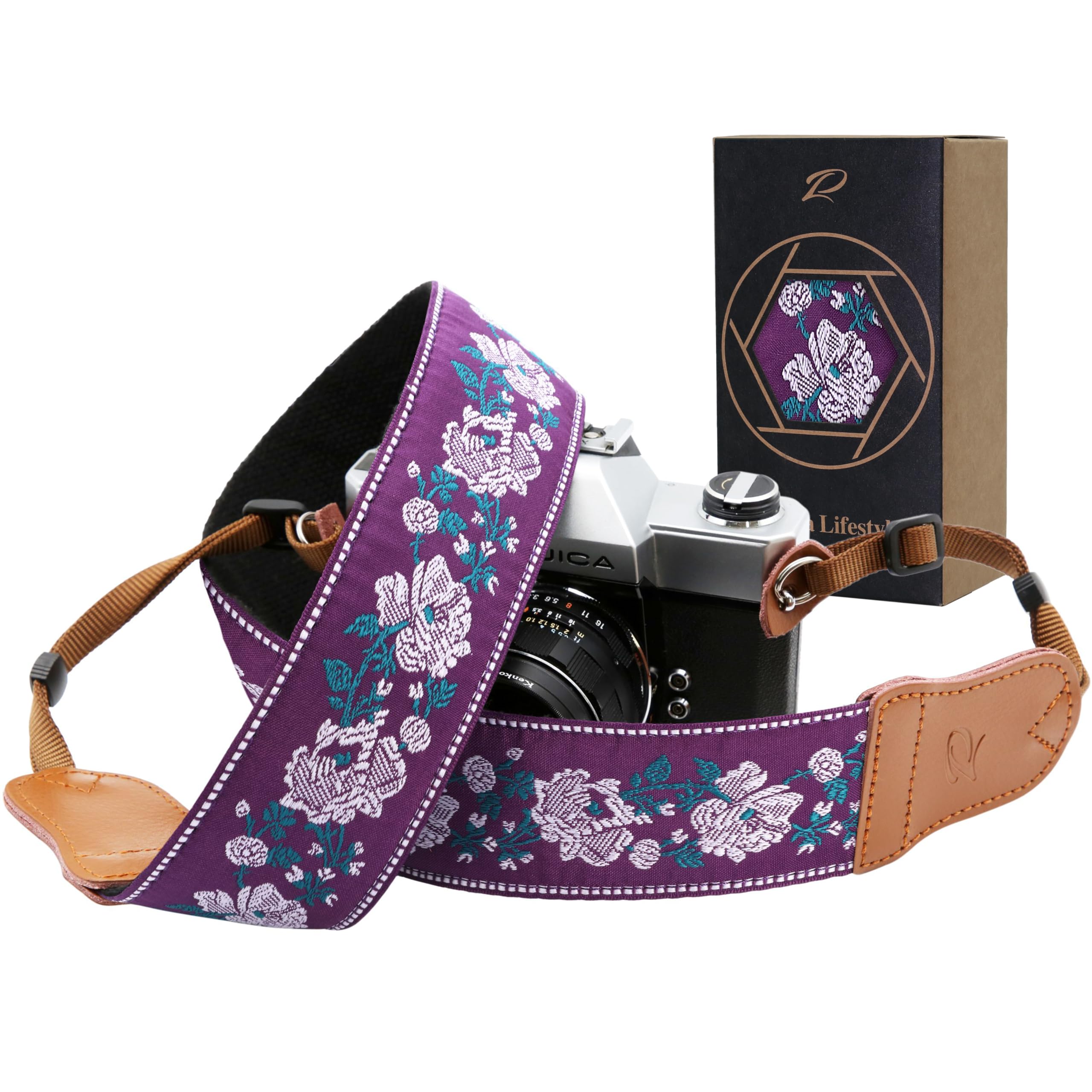 Padwa Lifestyle Camera Strap - 2" Wide Cowhide Head Cotton Camera Straps for Photographers,Vintage Universal Neck & Shoulder Camera Straps for All DSLR Cameras(Purple Flowers Embroidered)