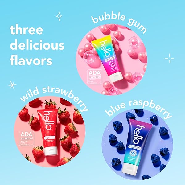 HELLO KIDS FLUORIDE TOOTHPASTE VARIETY PACK, INCLUDES A STRAWBERRY TOOTHPASTE, UNICORN BUBBLE GUM TOOTHPASTE, AND BLUE RASPBERRY TOOTHPASTE, SAFE FOR AGES 2 AND UP, 3 PACK, 4.2 OZ EACH