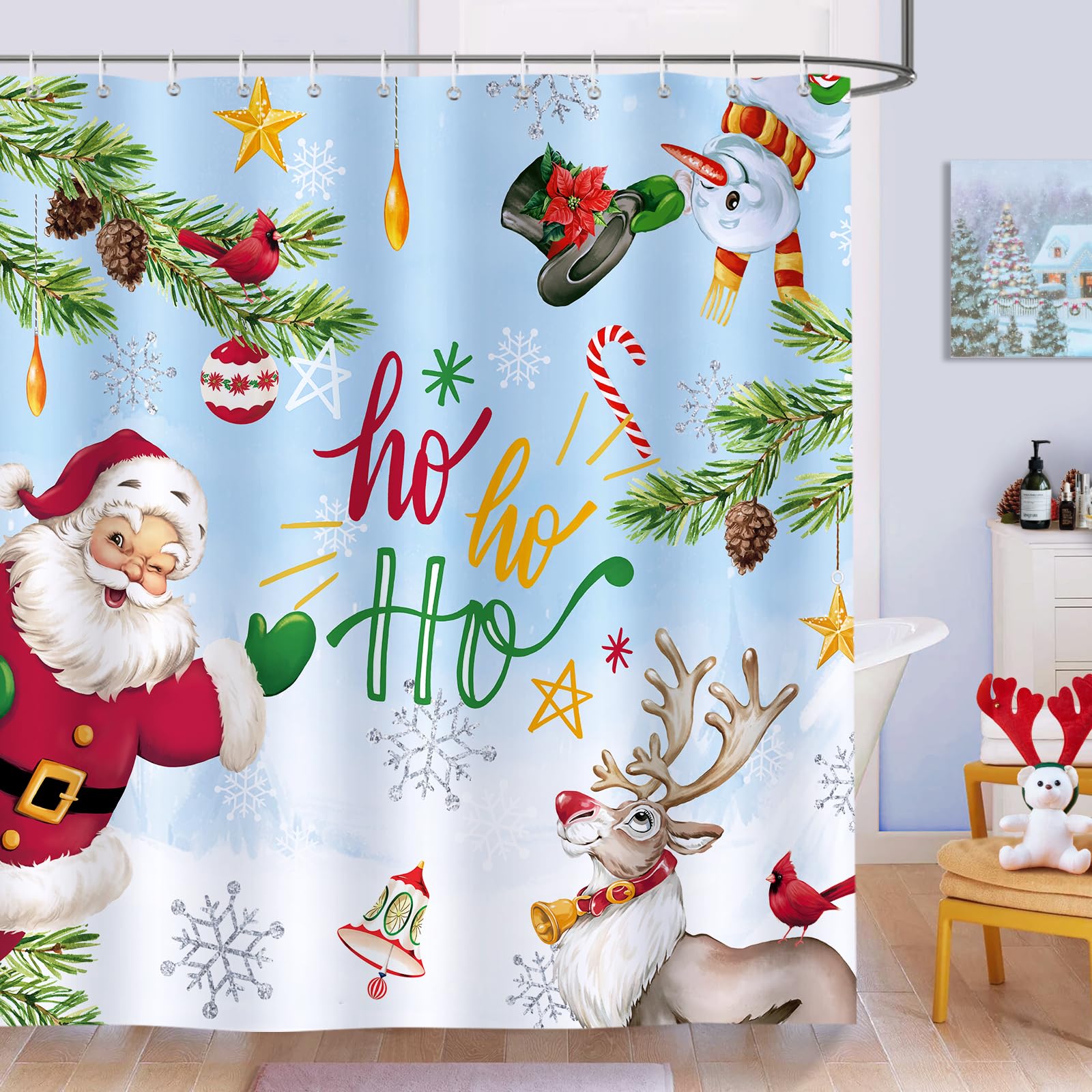 Bonhause Christmas Shower Curtain 180 x 180 cm Reindeer Santa Claus Hoho Bathroom Curtain Waterproof Mildew & Mould Resistant Polyester Fabric Bath Curtain with 12 Hooks
