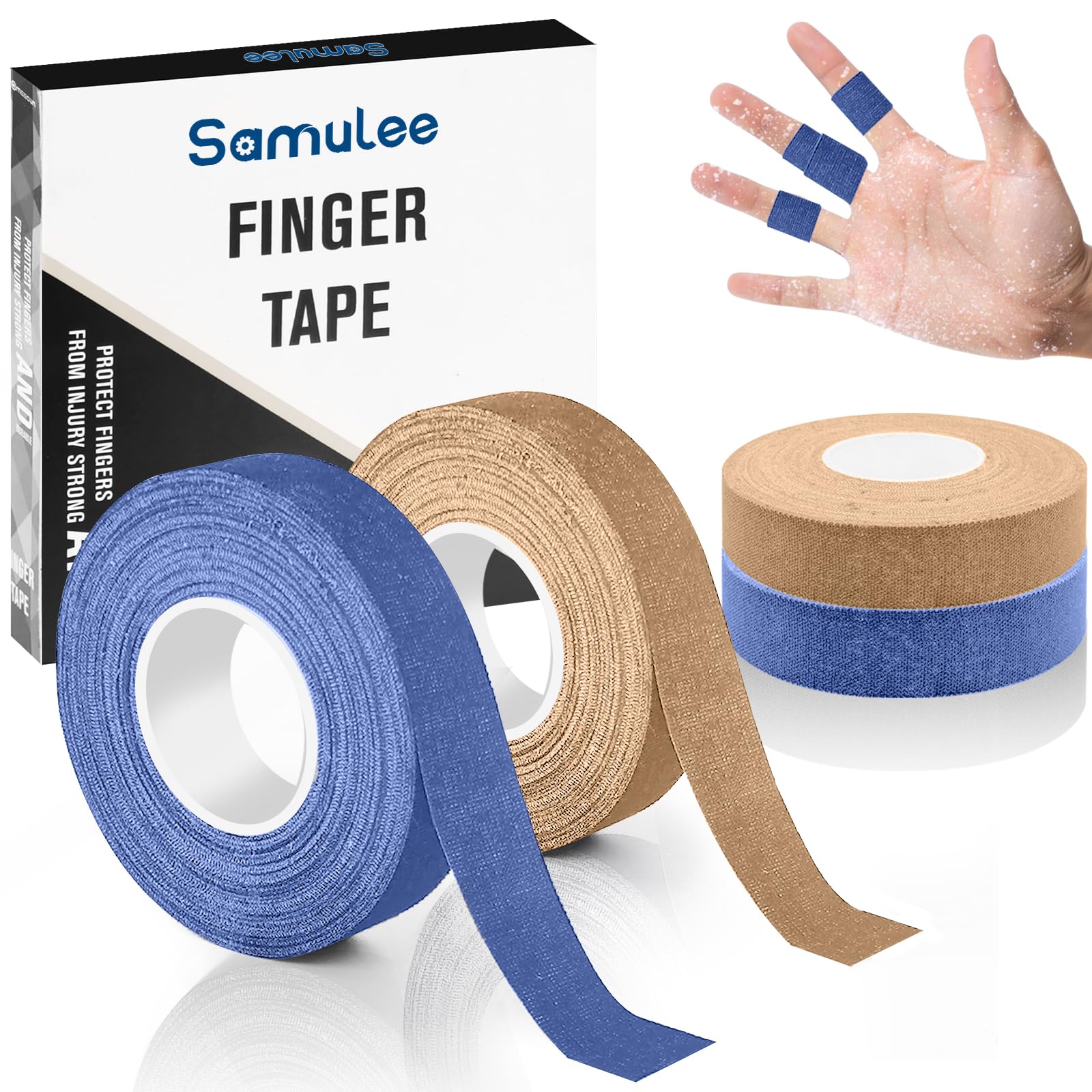 Samulee Finger Tape - 4 Rolls - Colour of Skin and Blue - 1.5cm x 10m | Cotton Sports Tape, for Jiu Jitsu, Bouldering, Rock Climbing, BJJ, Crossfit, Rowing, Splinting & Golf (1 x Pack of 4 Rolls)