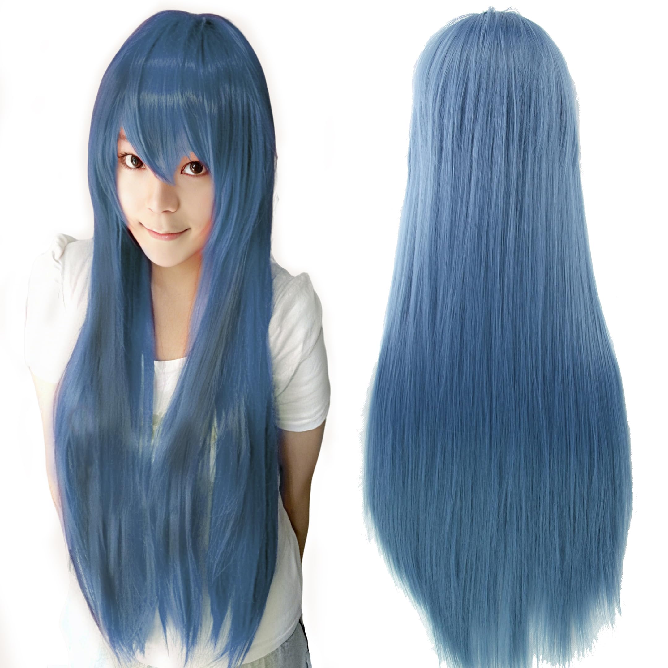 IMISSU 80cm Long Straight Natural Hair Cosplay Wigs with Bangs Colorful Halloween Costume Party Wig for Girl (Navy Blue)