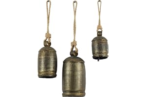 Deco 79 Metal Decorative Cow Bells Tibetan Inspired with Jute Hanging Rope, Set of 3 10",8",6"H, Bronze