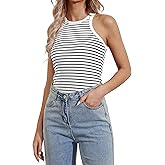 Ziesexy Striped Shirt Women Ribbed Tank Tops for Women High Neck Tops Racerback Sleveless Summer Casual Slim Fitted Tank